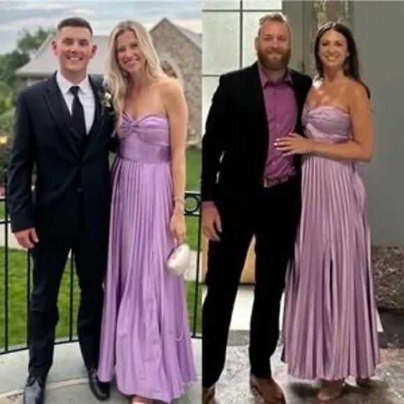 AMUR Purple Satin Sweetheart Neckline A-Line Stef Pleated Gown Dress Size 14 - Picture 15 of 16